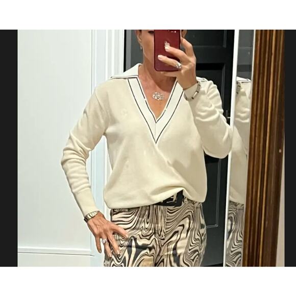 Sandro Cream Polo Sweater Top Size 0 Cashmere Oversized Preppy Designer $338 - Picture 5 of 12